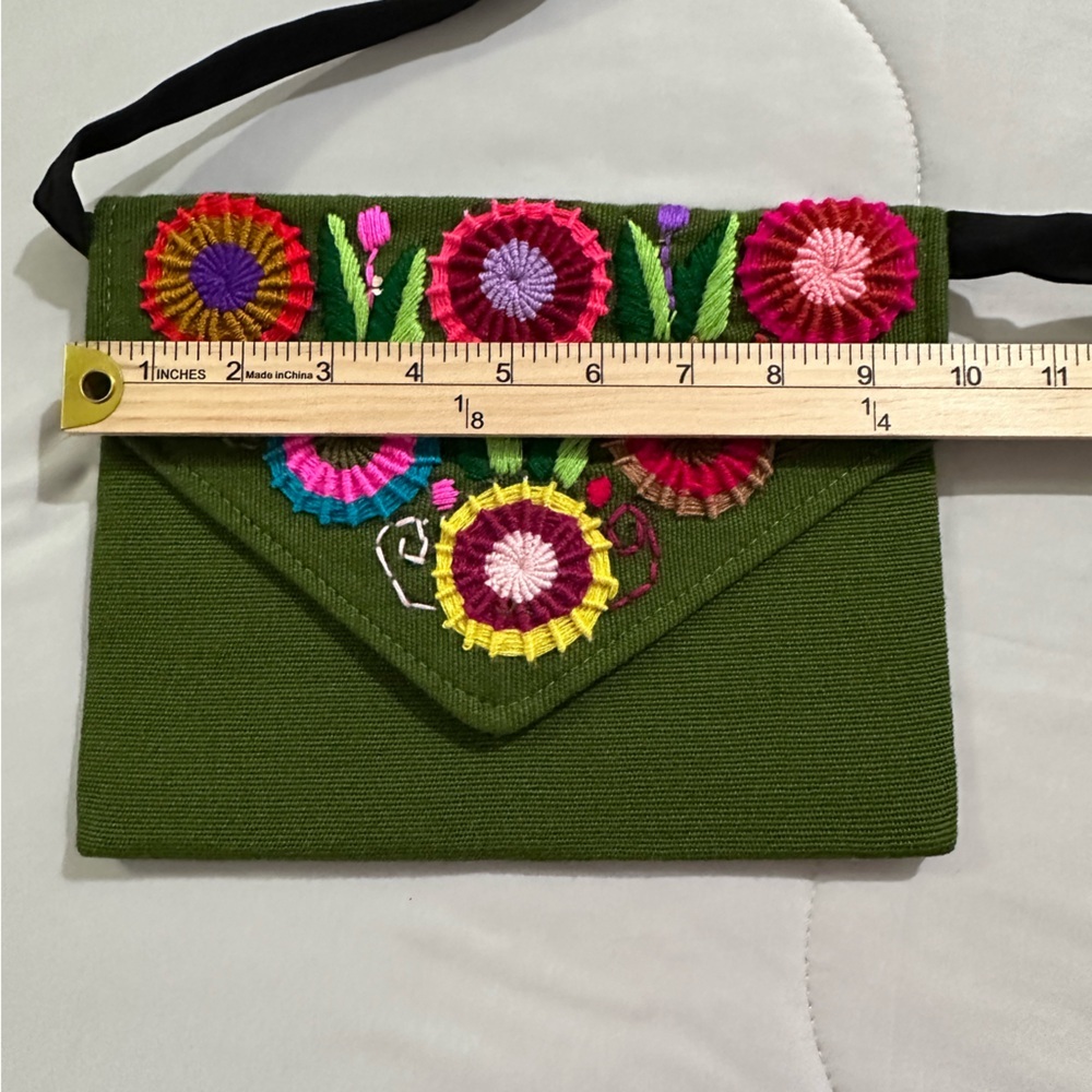 Hand Crafted Embroidered Floral Thin Envelope Crossbody Clutch Olive Green Bag - Picture 8 of 10